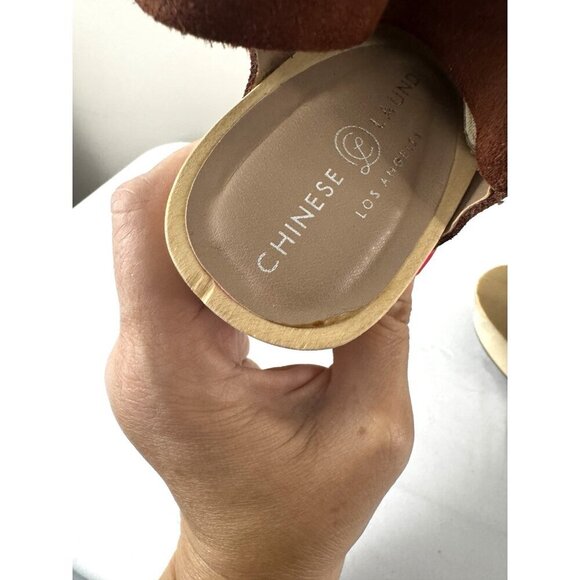 Retro Boho Chunky Platform Suede Leather 9.5 Sandals Pink Brown Wooden Heel - Picture 10 of 16